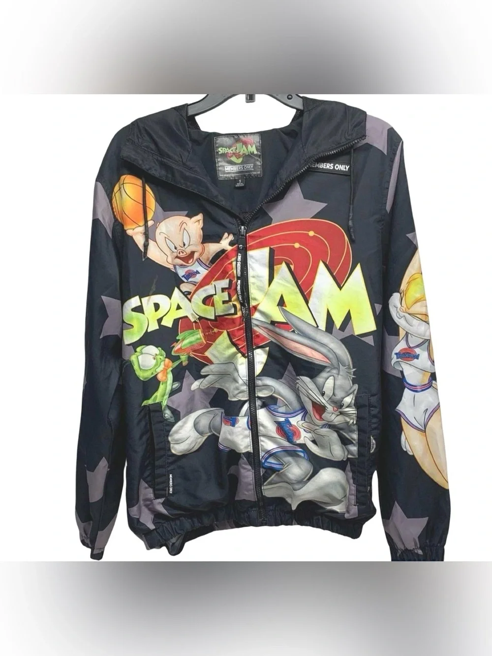 Members Only Space Jam Men's Small Full Zip Hooded Windbreaker Jacket Black